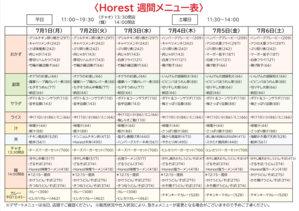 食堂のメニュー表